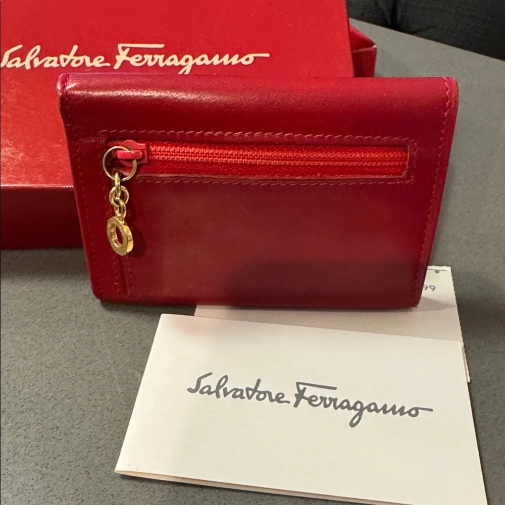 Salvatore Ferragamo Authentic Pre Owned Red Leather Card Holder Gold Hardware.